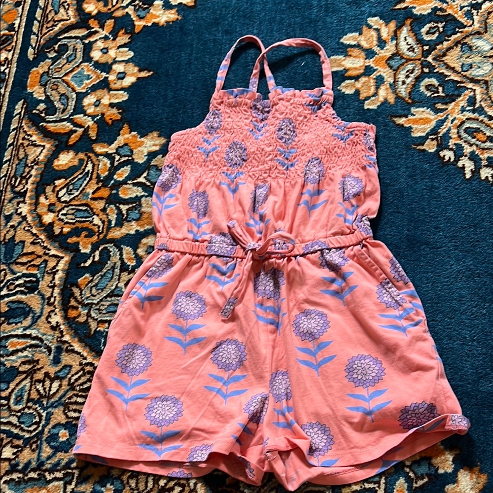 EUC Tea Collection Floral Pink Kids Romper Sz 8